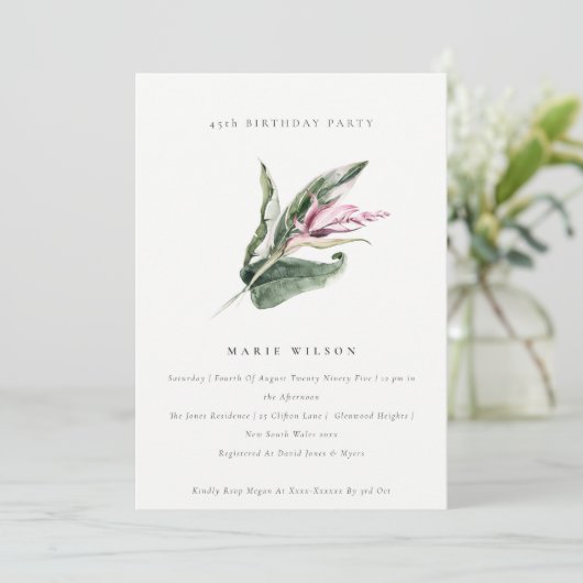 シックなトロピカルリーフェイスピンクフローラアエージ誕生日 招待状 (スタンド正面)