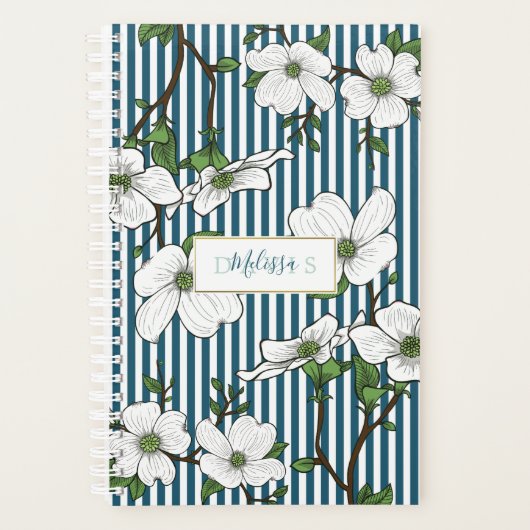 シックなドッグウッドの花とストライプカレンダープランナー プランナー手帳 (正面)