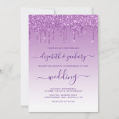 シックなドリッピンググリッターパープル結婚ズ 招待状 (正面)