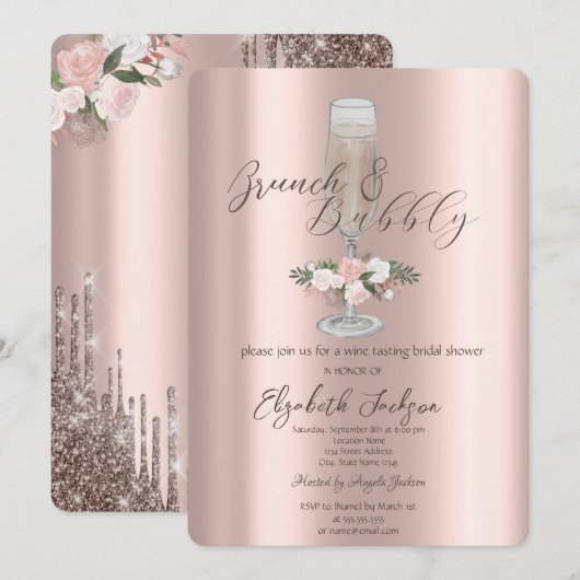 シックなドリップス、ガラス、バラブランチ&バブリー 招待状 (正面/裏面)