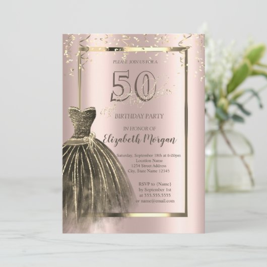 シックなドレス金ゴールドシークインバラ金ゴールド50th誕生日 招待状 (スタンド正面)