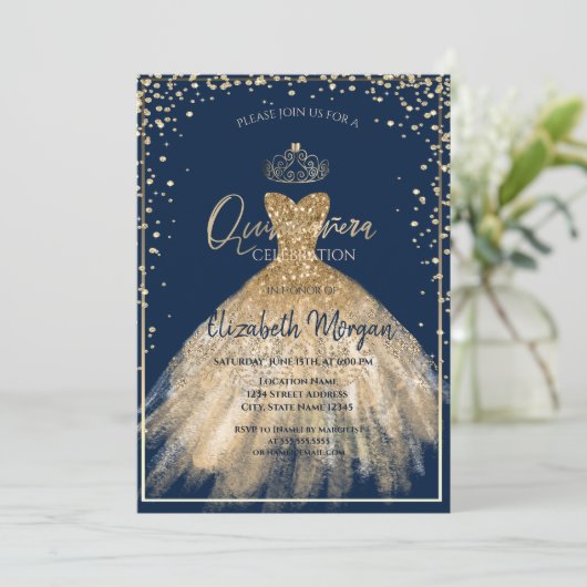 シックなドレス金ゴールドティアラ,ダイアモンズキンセアニラ 招待状 (スタンド正面)