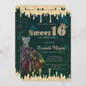 シックなドレス、グリッタードリップスグリーンスウィート16 招待状 (正面/裏面)