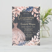 シックなドレス、青い花、バラ金ゴールドキンセアニェラ 招待状 (スタンド正面)