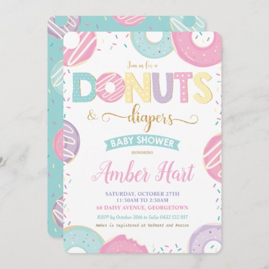 シックなドーナツとおむつ赤ちゃんシャワー金ゴールド女の子 招待状 (正面/裏面)