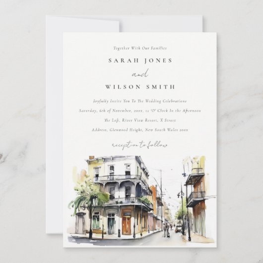 シックなニューオーリンズルイジアナ結婚ウォーター 招待状 (正面)