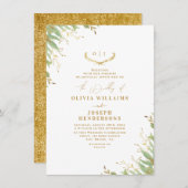 シックなニュートラルウォーター結婚カラーフローラのゴールドフォイル 招待状 (正面/裏面)