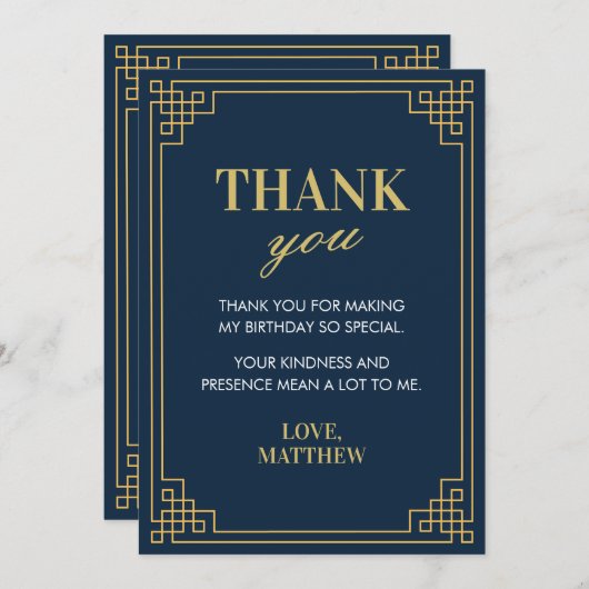 シックなネイビーと金ゴールドギャツビーのアートデコフレーム サンキューカード (正面/裏面)