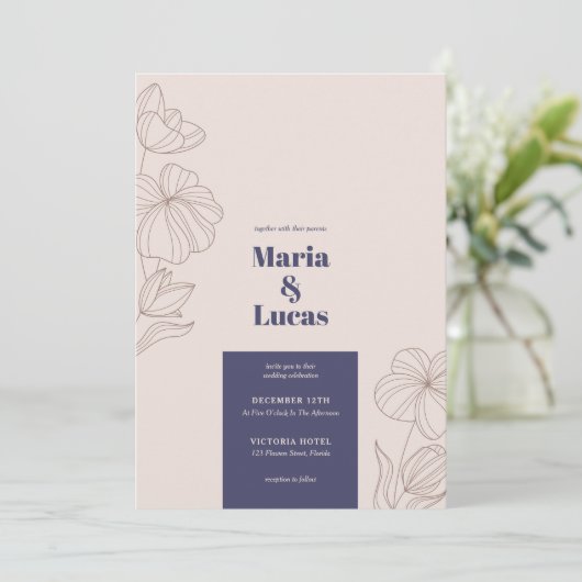 シックなネイビーはっきりしたゲ茶フローラ結婚typo 招待状 (スタンド正面)