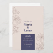 シックなネイビーはっきりしたゲ茶フローラ結婚typo 招待状 (正面/裏面)