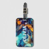 シックなネイビーアクアオレンジの大理石フェイクグリッターモノグラム ラゲッジタグ (正面縦)