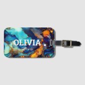 シックなネイビーアクアオレンジの大理石フェイクグリッターモノグラム ラゲッジタグ (正面横)