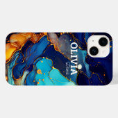 シックなネイビーアクアオレンジの大理石フェイクグリッターモノグラム Case-Mate iPhoneケース (裏面 (横))