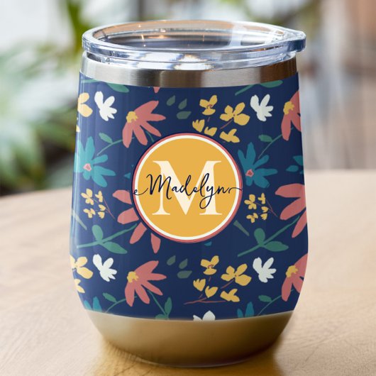 シックなネイビーイエローモノグラムフローラルパターカスタムン