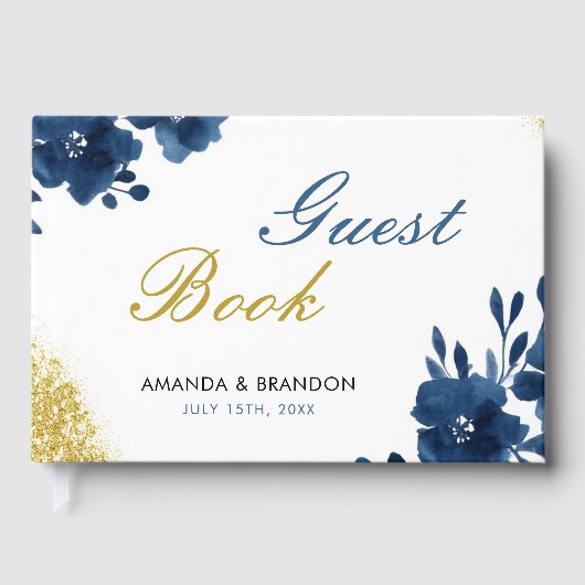 シックなネイビーウォーターカラーフラワーズ金ゴールド結婚グリッター ゲストブック (正面)