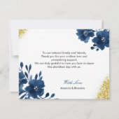 シックなネイビーウォーターカラーフラワーズ金ゴールド結婚グリッター サンキューカード (裏面)