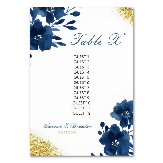 シックなネイビーウォーターカラーフラワーズ金ゴールド結婚グリッター テーブルナンバー (正面)