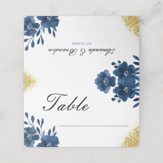 シックなネイビーウォーターカラーフラワーズ金ゴールド結婚グリッター プレイスカード (外部開封)