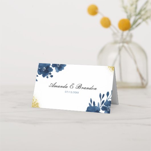 シックなネイビーウォーターカラーフラワーズ金ゴールド結婚グリッター プレイスカード (裏面)