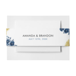 シックなネイビーウォーターカラーフラワーズ金ゴールド結婚グリッター 招待状ベリーバンド