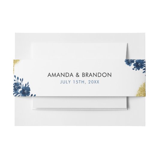 シックなネイビーウォーターカラーフラワーズ金ゴールド結婚グリッター 招待状ベリーバンド (正面例)