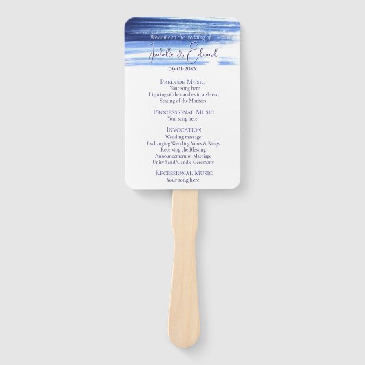 シックなネイビーウォーターカラーブラシストローク結婚式 プログラム ハンドファン (正面)