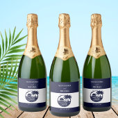 シックなネイビーストライプホワイトズパームツリーコースト結婚ーズ スパークリングワインラベル