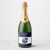 シックなネイビーストライプホワイトズパームツリーコースト結婚ーズ スパークリングワインラベル (正面)