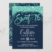 シックなネイビーブルーとターコイズグリッターダストスウィート16 招待状 (正面/裏面)