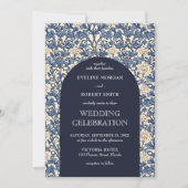 シックなネイビーブルーアイボリーフローラアールヌーボーモリス 招待状 (正面)