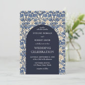 シックなネイビーブルーアイボリーフローラアールヌーボーモリス 招待状 (スタンド正面)