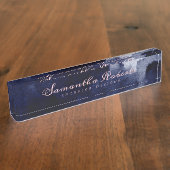 シックなネイビーブルーウォーターカラー抽象芸術赤面ピンク デスクネームプレート (側面)