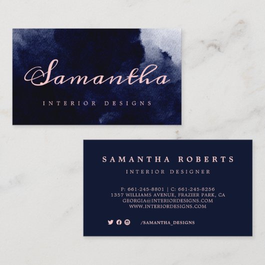 シックなネイビーブルーウォーターカラー抽象芸術赤面ピンク 名刺 (正面/裏面)