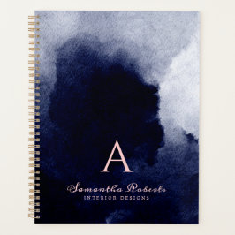 シックなネイビーブルーウォーターカラー赤面ピンクモノグラム プランナー手帳