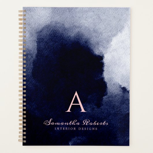 シックなネイビーブルーウォーターカラー赤面ピンクモノグラム プランナー手帳 (正面)