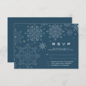 シックなネイビーブルースノーフレーク冬の結婚式RSVPカード 出欠カード (正面/裏面)