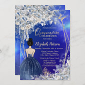 シックなネイビーブルードレスガール、ブルーフラワーズキンセアニェラ 招待状 (正面/裏面)