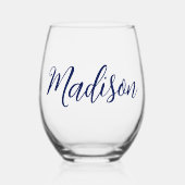 シックなネイビーブルーパーソナライズされた名 ステムなしワイングラス (正面)