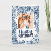 シックなネイビーブルーフローラハッピーバースデー写真 カード (正面)