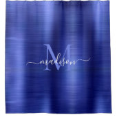 シックなネイビーブルーブラシ仕上げメタルモノグラムのスクリガーリープト シャワーカーテン (正面)