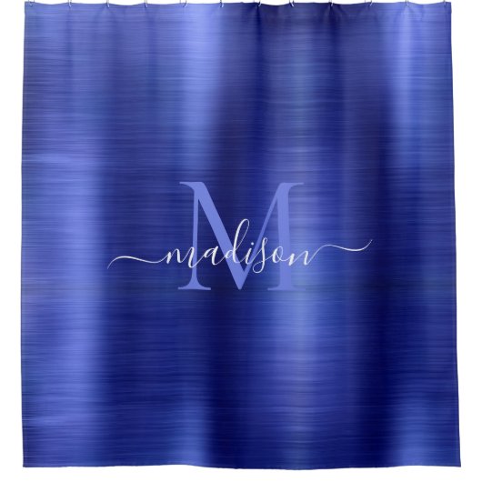 シックなネイビーブルーブラシ仕上げメタルモノグラムのスクリガーリープト シャワーカーテン (正面)