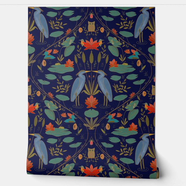 シックなネイビーブルーヘロンポンド伝統リバイバル 壁紙 (ほどく)