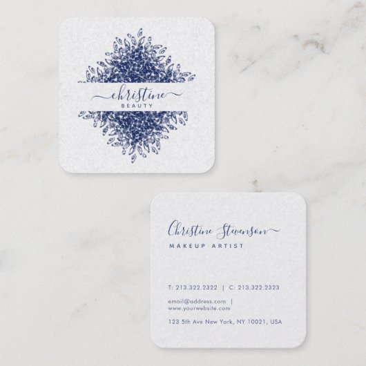 シックなネイビーブルーマンダラスケッチスクリプトシグネチャー スクエア名刺 (正面/裏面)