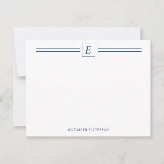 シックなネイビーブルーモノグラムダブルライン ノートカード (正面)