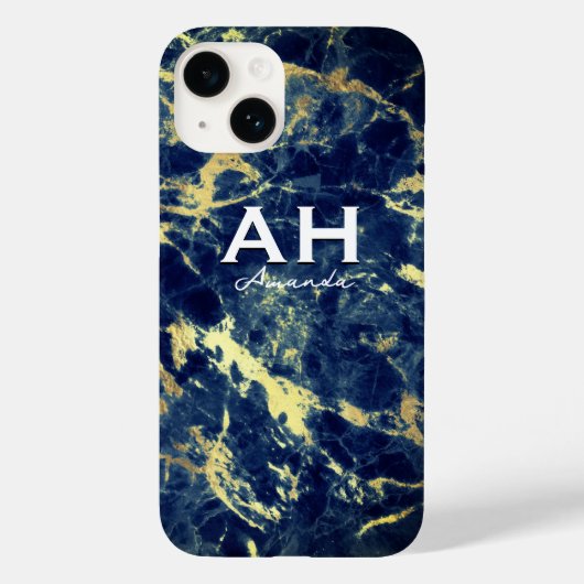 シックなネイビーブルー大理石フェイク金ゴールドグリッターモノグラム Case-Mate iPhoneケース (裏面)