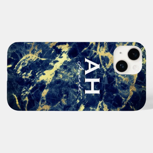 シックなネイビーブルー大理石フェイク金ゴールドグリッターモノグラム Case-Mate iPhoneケース (裏面 (横))