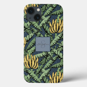 シックなネイビーブルー熱帯イエローバナナリーフパターン iPhone 13ケース
