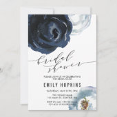 シックなネイビーブルー牡丹ブライダルシャワー招待 招待状 (正面)