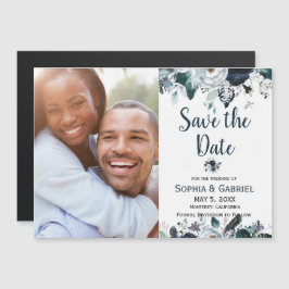 シックなネイビーブルー白い花の結婚式の日付を保存 マグネット招待状