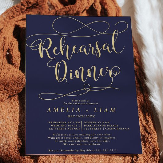 シックなネイビーブルー金ゴールド書道リハーサルディナー 招待状
